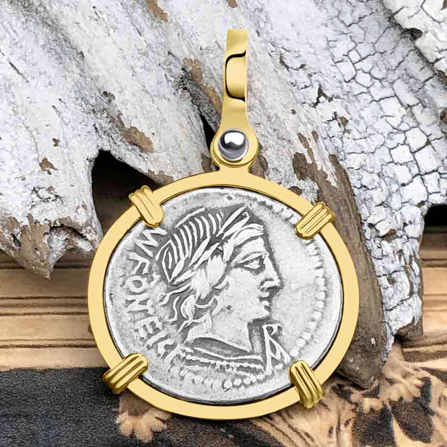 Roman Republic Silver Denarius with Apollo Coin 85 BC 14K Gold Pendant