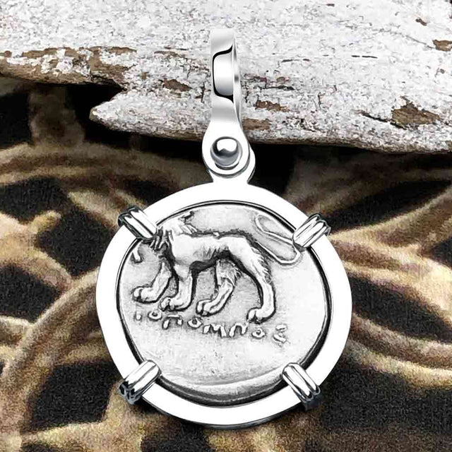 Ancient Greek Lion & Apollo Miletos Silver Drachm 350 BC Sterling Silver Pendant