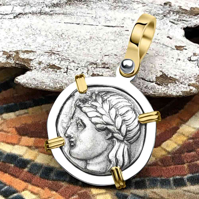 Ancient Greek Lion & Apollo Miletos Silver Drachm 350 BC 14K Gold and Sterling Silver Pendant