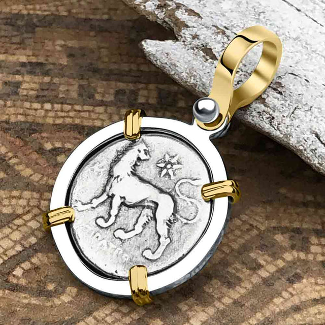 Ancient Greek Lion & Apollo Miletos Silver Drachm 350 BC 14K Gold and Sterling Silver Pendant