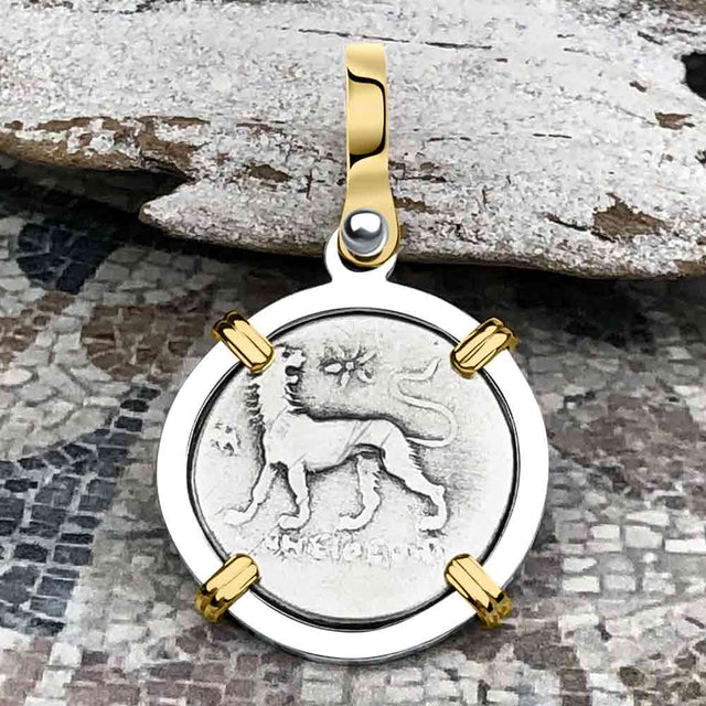 Ancient Greek Lion & Apollo Miletos Silver Drachm 350 BC 14K Gold and Sterling Silver Pendant