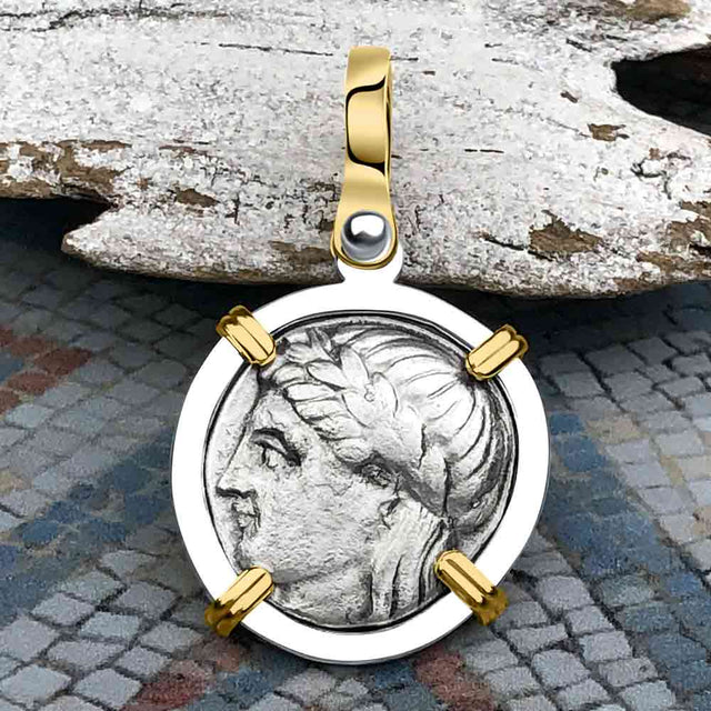 Ancient Greek Lion & Apollo Miletos Silver Drachm 350 BC 14K Gold and Sterling Silver Pendant
