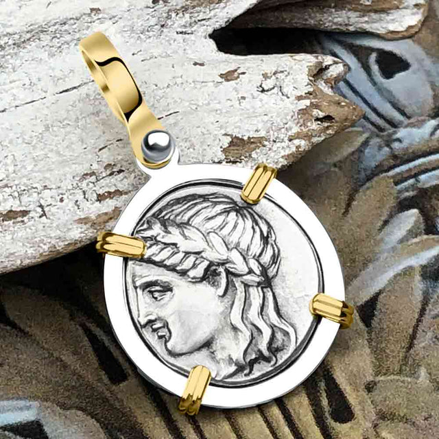 Ancient Greek Lion & Apollo Miletos Silver Drachm 350 BC 14K Gold and Sterling Silver Pendant
