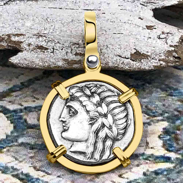 Ancient Greek Lion & Apollo Miletos Silver Drachm 350 BC 14K Gold Pendant