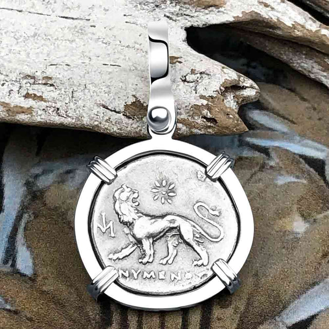 Ancient Greek Lion & Apollo Miletos Silver Drachm 350 BC 14K White Gold Pendant