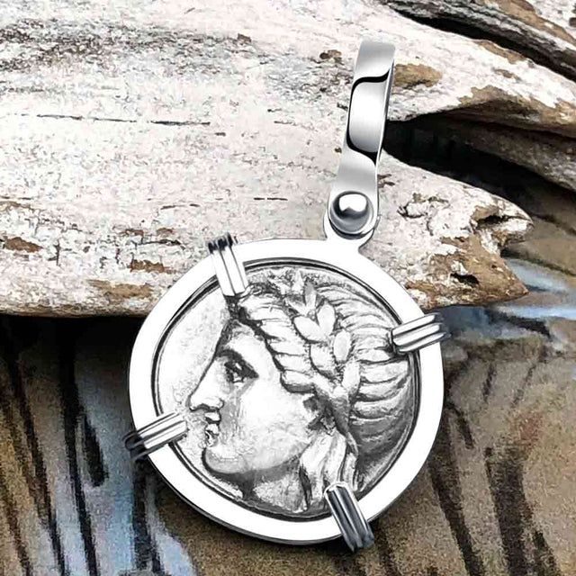 Ancient Greek Lion & Apollo Miletos Silver Drachm 350 BC 14K White Gold Pendant