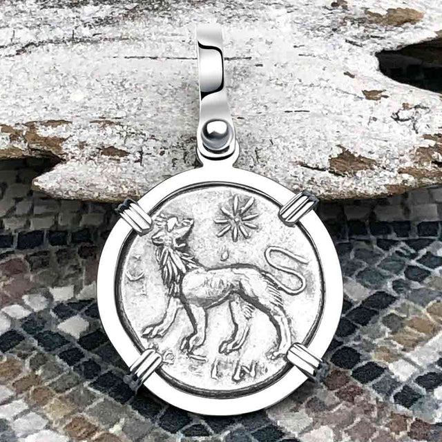 Ancient Greek Lion & Apollo Miletos Silver Drachm 350 BC 14K White Gold Pendant