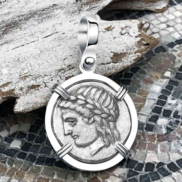 Ancient Greek Lion & Apollo Miletos Silver Drachm 350 BC 14K White Gold Pendant