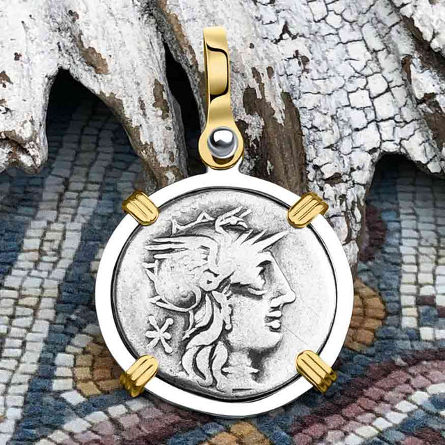 Roman Republic Denarius 132 BC Roma and Victory 14K Gold and Sterling Silver Pendant