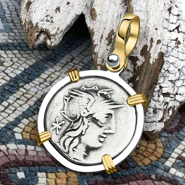 Roman Republic Denarius 132 BC Roma and Victory 14K Gold and Sterling Silver Pendant