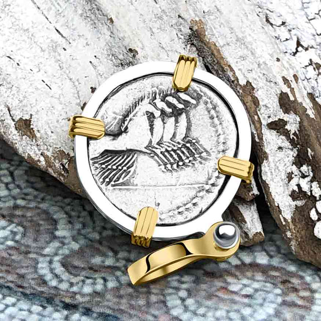 Roman Republic Silver Denarius 86 BC Apollo & Jupiter 14K Gold and Sterling Silver Pendant