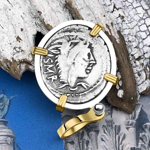 Roman Republic Silver Denarius 105 BC Juno and the Bull 14K Gold and Sterling Silver Pendant