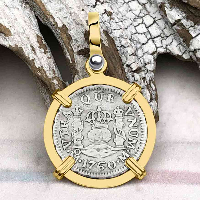 Pirate Era 1760 Spanish 1/2 Reale Piece of Eight Pillar Dollar Style Pendant in 14K Gold