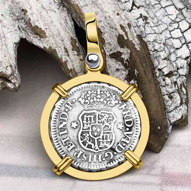 Pirate Era 1760 Spanish 1/2 Reale Piece of Eight Pillar Dollar Style Pendant in 14K Gold