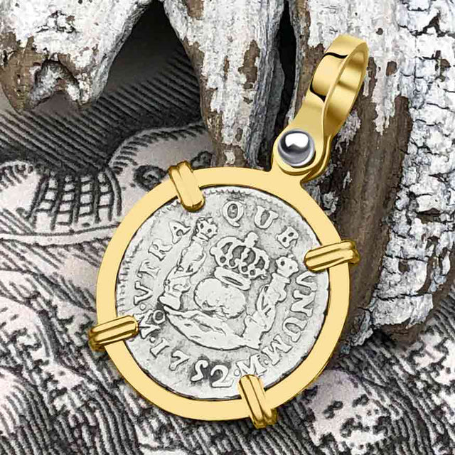 Pirate Era 1752 Spanish 1/2 Reale Piece of Eight Pillar Dollar Style Pendant in 14K Gold