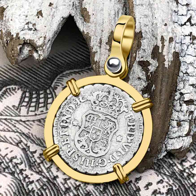 Pirate Era 1752 Spanish 1/2 Reale Piece of Eight Pillar Dollar Style Pendant in 14K Gold