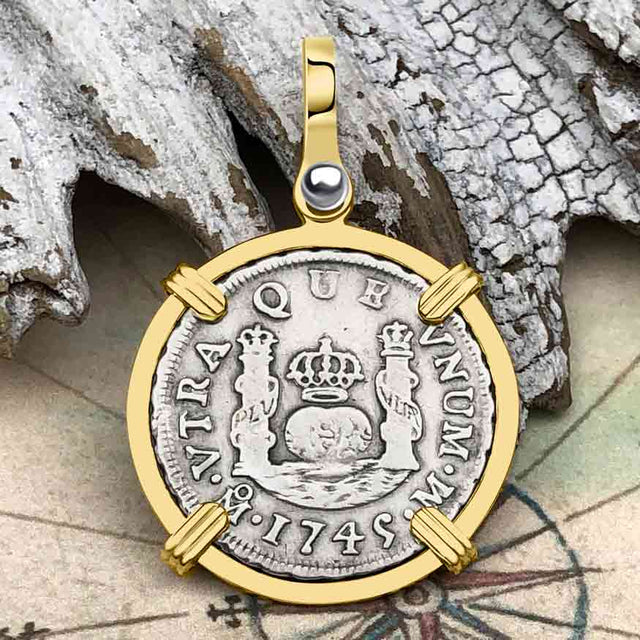 Pirate Era 1745 Spanish 1 Reale Piece of Eight Pillar Dollar Style Pendant in 14K Gold