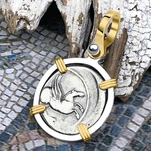 Roman Republic Silver Denarius 90 BC Pegasus 14K Gold and Sterling Silver Pendant