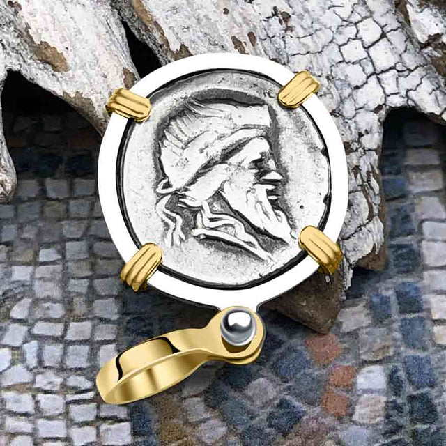 Roman Republic Silver Denarius 90 BC Pegasus 14K Gold and Sterling Silver Pendant