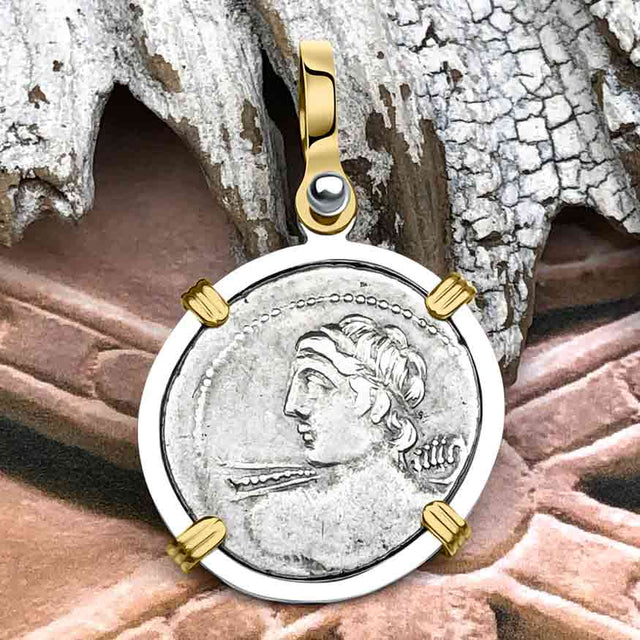 Roman Republic Silver Denarius 84 BC Apollo and Minerva 14K Gold and Sterling Silver Pendant
