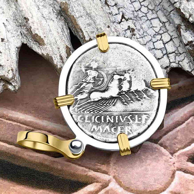 Roman Republic Silver Denarius 84 BC Apollo and Minerva 14K Gold and Sterling Silver Pendant