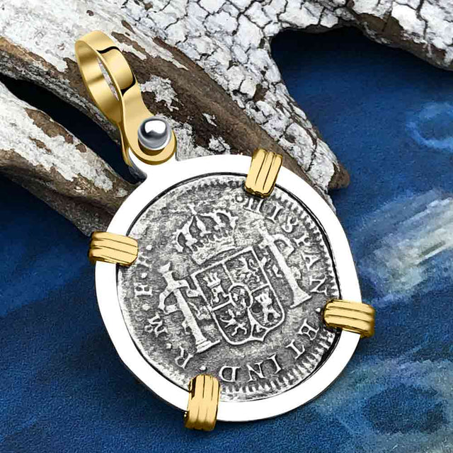 El Cazador Shipwreck 1783 1/2 Reale Piece of 8 14K Gold and Sterling Silver Pendant