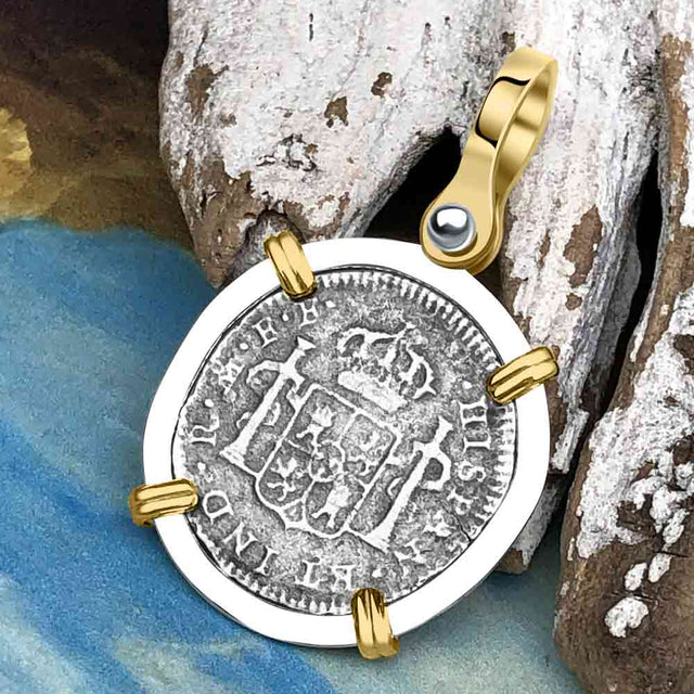 El Cazador Shipwreck 1783 1/2 Reale Piece of 8 14K Gold and Sterling Silver Pendant