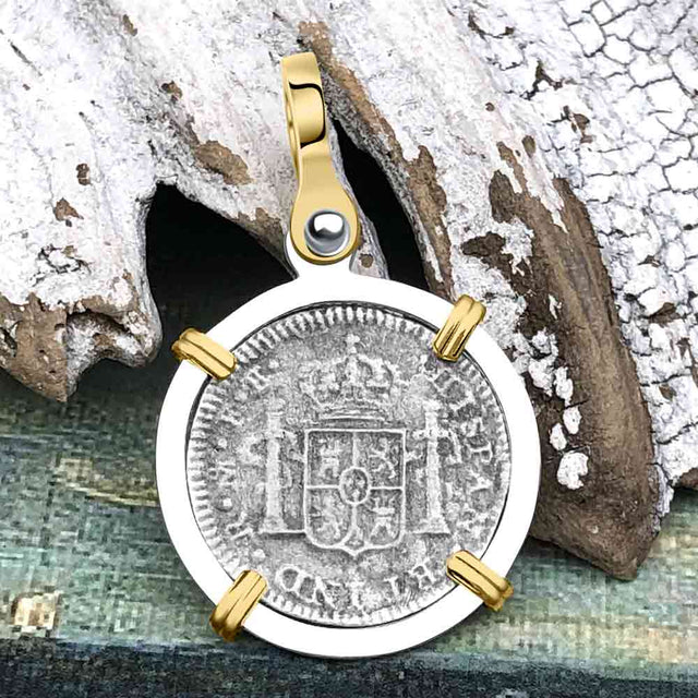 El Cazador Shipwreck 1783 1/2 Reale Piece of 8 14K Gold and Sterling Silver Pendant