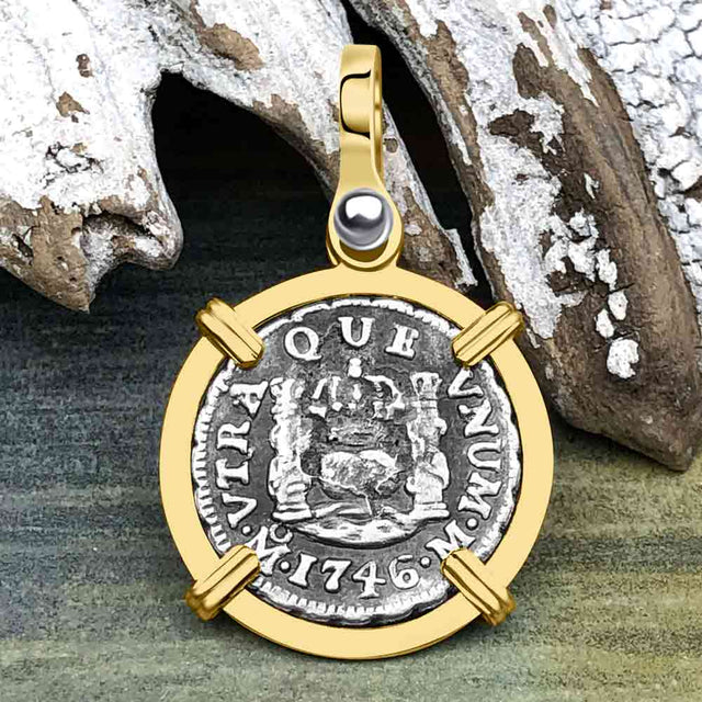El Cazador Shipwreck 1746 RARE Pillar Dollar 1/2 Reale Piece of 8 14K Gold Pendant