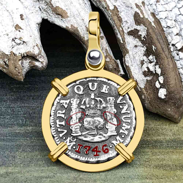 El Cazador Shipwreck 1746 RARE Pillar Dollar 1/2 Reale Piece of 8 14K Gold Pendant