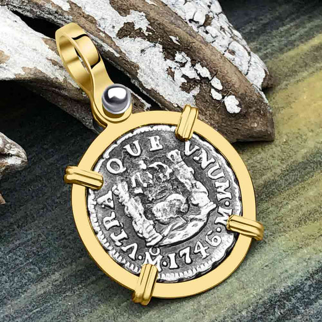 El Cazador Shipwreck 1746 RARE Pillar Dollar 1/2 Reale Piece of 8 14K Gold Pendant