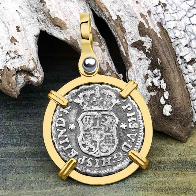 El Cazador Shipwreck 1746 RARE Pillar Dollar 1/2 Reale Piece of 8 14K Gold Pendant