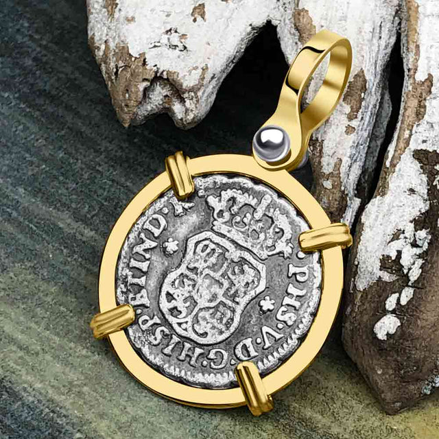 El Cazador Shipwreck 1746 RARE Pillar Dollar 1/2 Reale Piece of 8 14K Gold Pendant