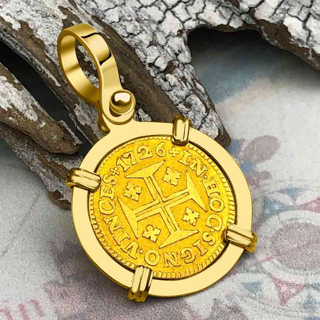 1726 Portuguese 22K Gold 400 Reis "In This Sign Conquer" Crusaders' Cross 18K Gold Pendant