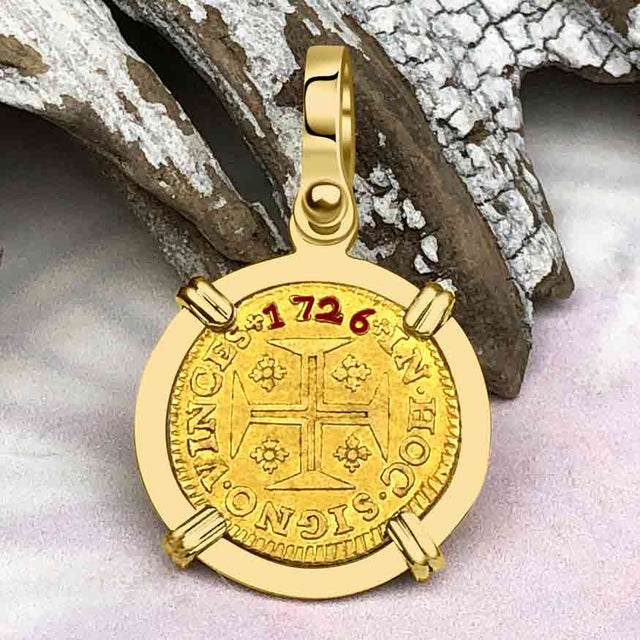 1726 Portuguese 22K Gold 400 Reis "In This Sign Conquer" Crusaders' Cross 18K Gold Pendant