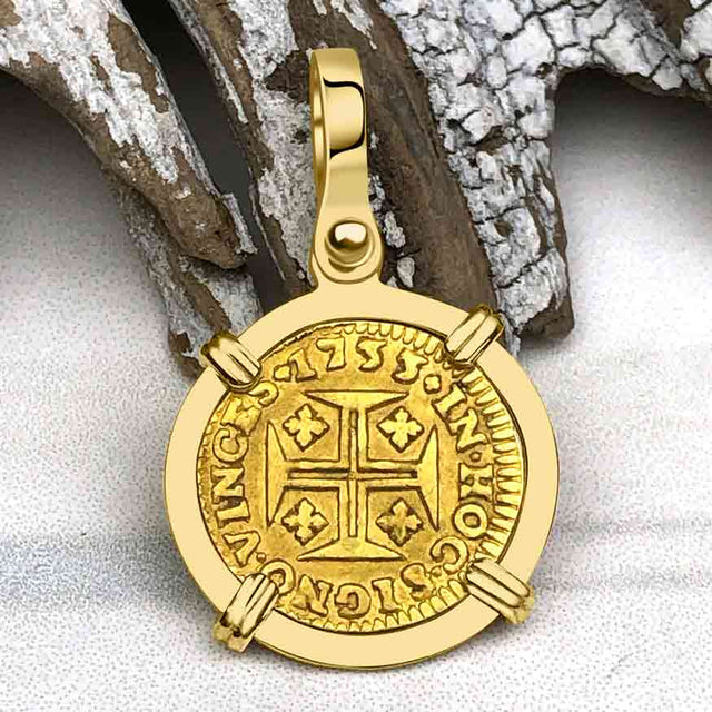 1733 Portuguese 22K Gold 400 Reis "In This Sign Conquer" Crusaders' Cross 18K Gold Pendant