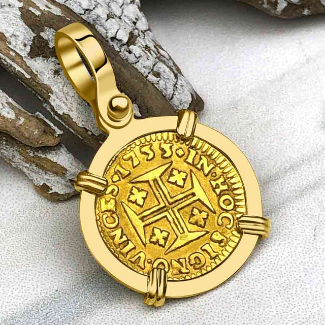 1733 Portuguese 22K Gold 400 Reis "In This Sign Conquer" Crusaders' Cross 18K Gold Pendant