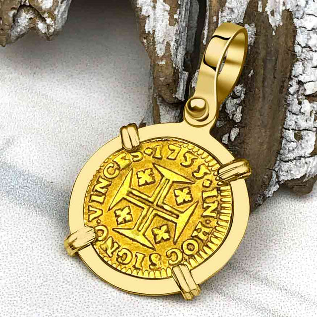 1733 Portuguese 22K Gold 400 Reis "In This Sign Conquer" Crusaders' Cross 18K Gold Pendant