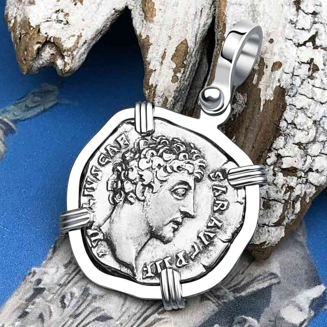 Roman Empire Silver Denarius Coin of Marcus Aurelius, the Philosopher Warrior 145 AD 14K White Gold Pendant