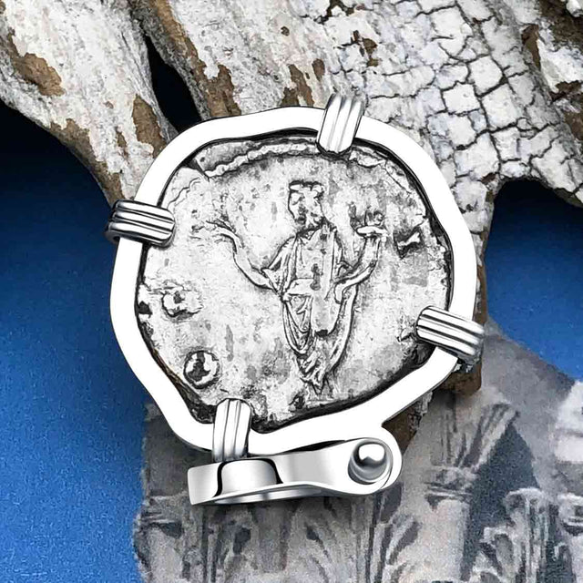 Roman Empire Silver Denarius Coin of Marcus Aurelius, the Philosopher Warrior 145 AD 14K White Gold Pendant