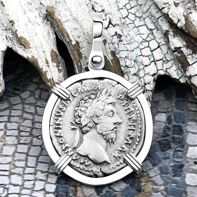 Roman Empire Silver Denarius Coin of Marcus Aurelius, the Philosopher Warrior 166 AD 14K White Gold Pendant