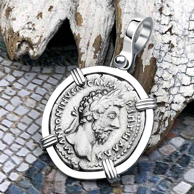 Roman Empire Silver Denarius Coin of Marcus Aurelius, the Philosopher Warrior 166 AD 14K White Gold Pendant