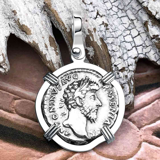 Roman Empire Silver Denarius Coin of Marcus Aurelius, the Philosopher Warrior 164 AD 14K White Gold Pendant