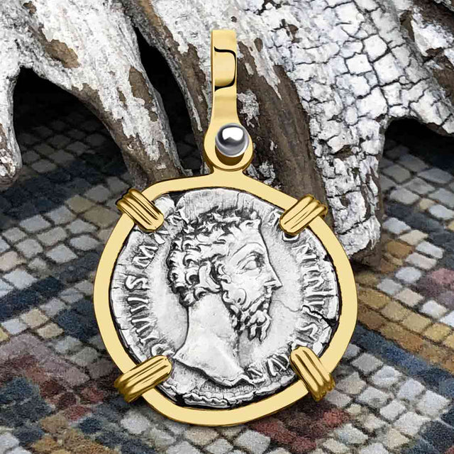 Roman Empire Silver Denarius Coin of Marcus Aurelius, the Philosopher Warrior 180 AD 14K Gold Pendant