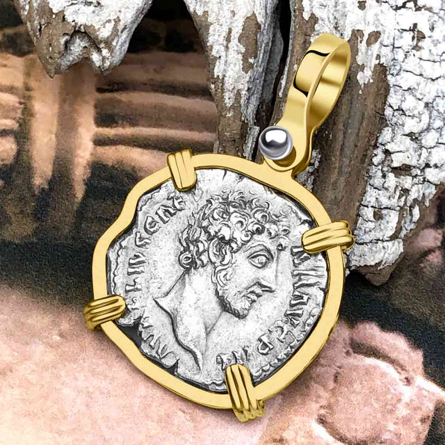 Roman Empire Silver Denarius Coin of Marcus Aurelius, the Philosopher Warrior 147 AD 14K Gold Pendant