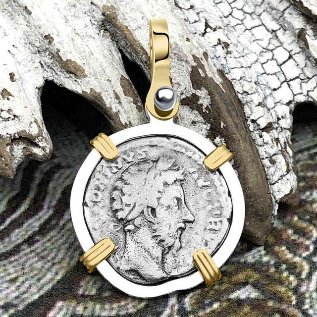 Roman Empire Silver Denarius Coin of Marcus Aurelius, the Philosopher Warrior 172 AD 14K Gold and Sterling Silver Pendant