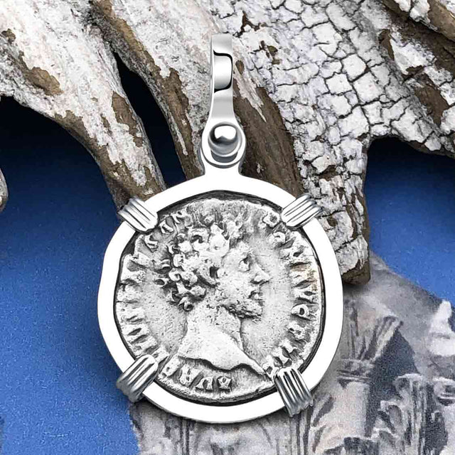 Roman Empire Silver Denarius Coin of Marcus Aurelius, the Philosopher Warrior 155 AD Sterling Silver Pendant
