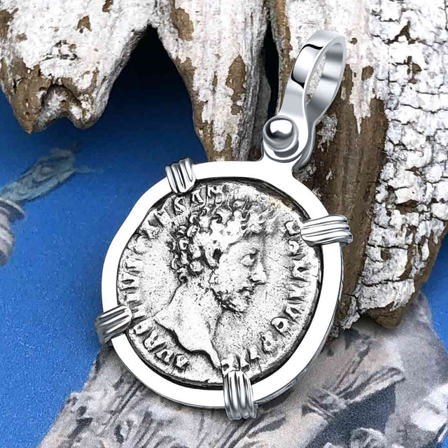 Roman Empire Silver Denarius Coin of Marcus Aurelius, the Philosopher Warrior 155 AD Sterling Silver Pendant