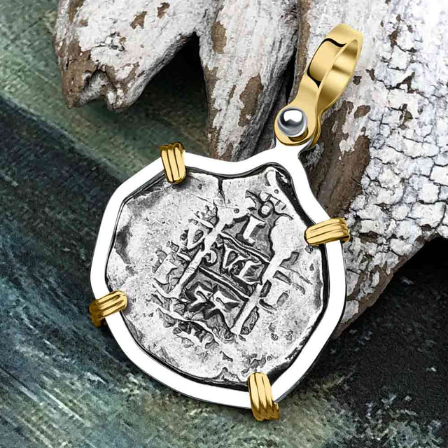 Pirate Era 1655 Spanish 1 Reale Piece of Eight 14K Gold & Sterling Silver Pendant