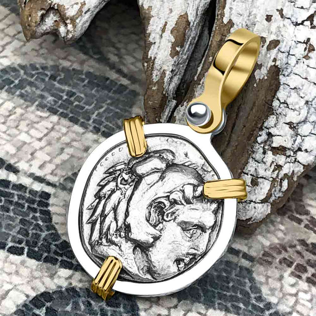 Ancient Greek Alexander the Great Silver Drachm Coin 14K Gold & Sterling Silver Pendant